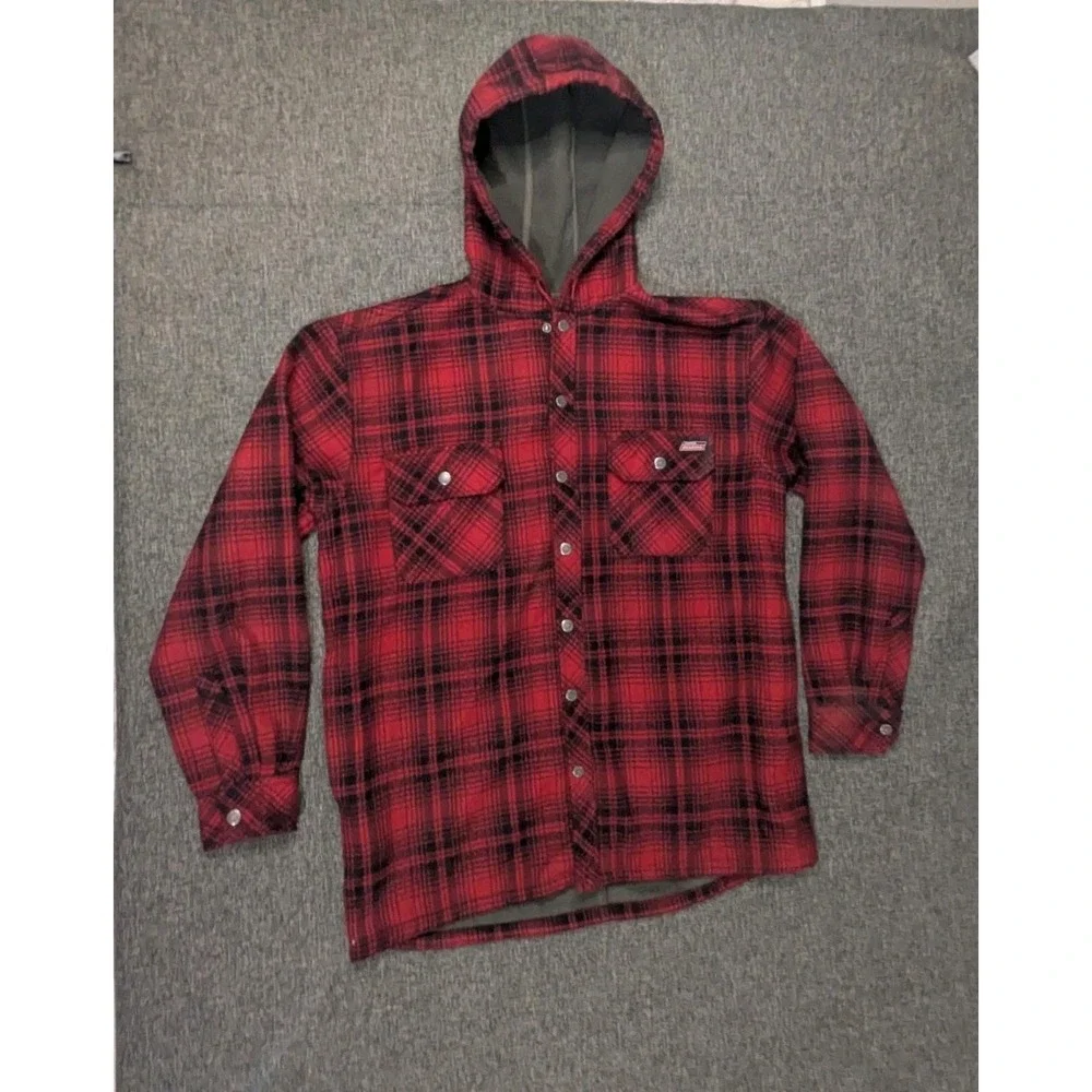 Dickies Plaid Flannel Jacket Fleece‎ Lined Mens Medium Red Check Snap Up Hoodie